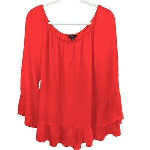 Du Jour Bell Sleeve Crinkle Gauze Off-The-Shoulder Top. Orange. Size 1X.